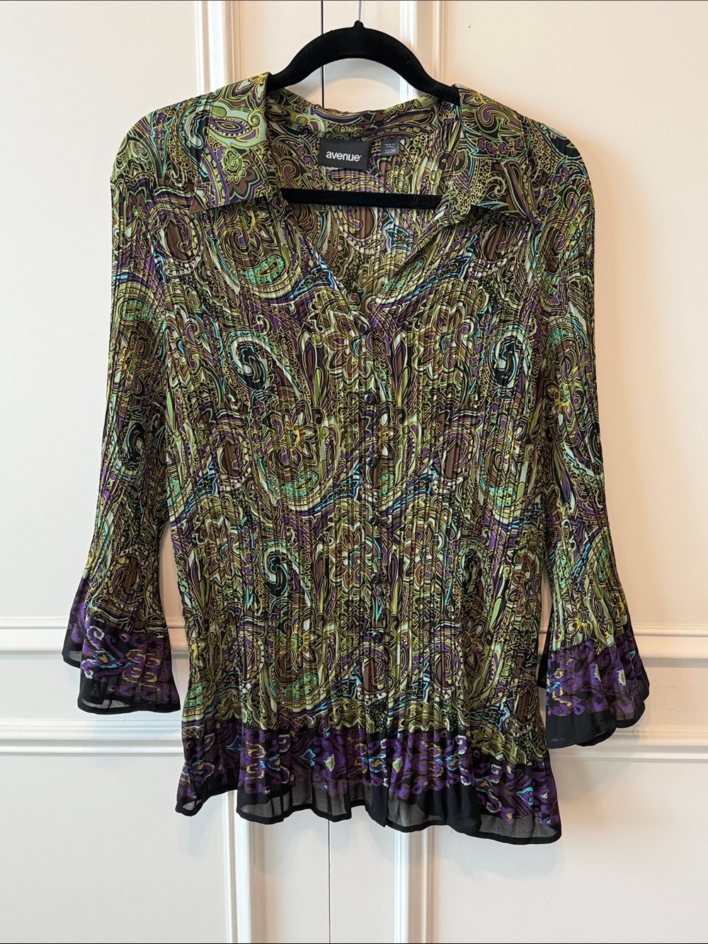 Avenue Green and Purple Paisley Pleated Button-Front Blouse